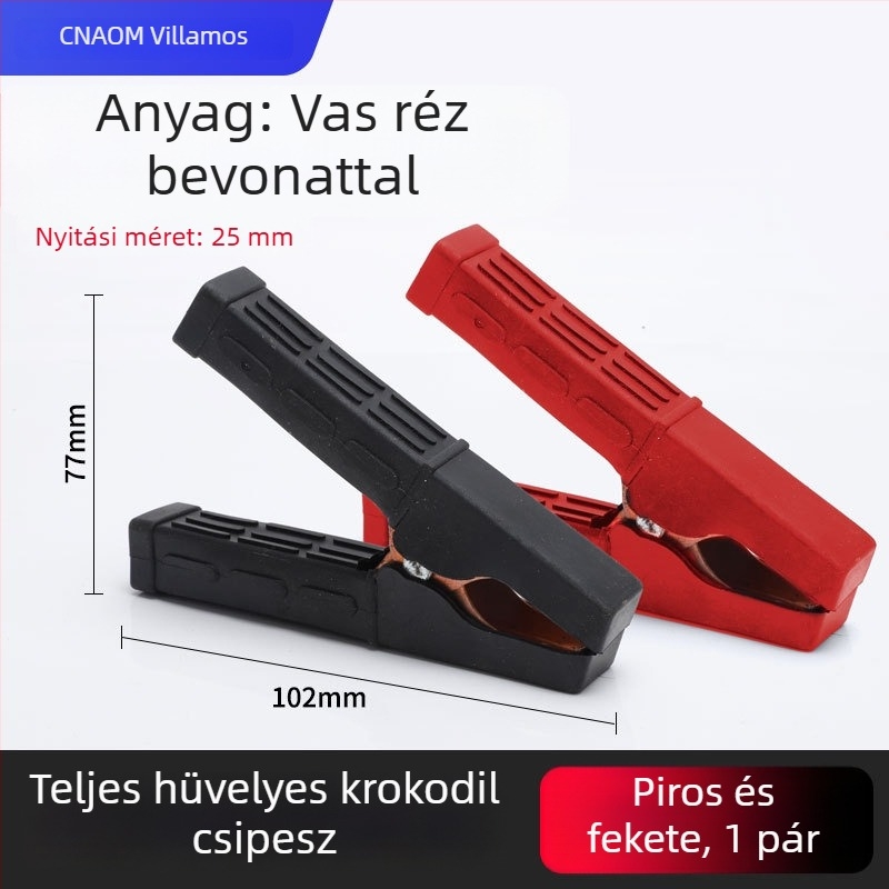 Tiszta rézből készült krokodilklipsz burkolattal az elektromos vezetékekhez és az autóakkumulátor teszteléséhez