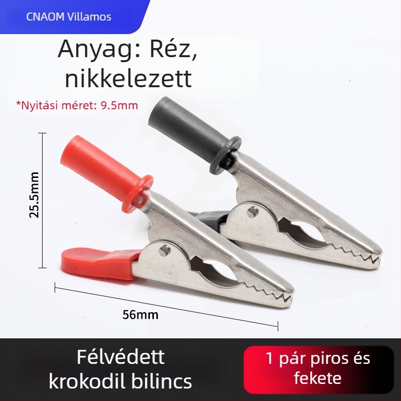 Tiszta rézből készült krokodilklipsz burkolattal az elektromos vezetékekhez és az autóakkumulátor teszteléséhez