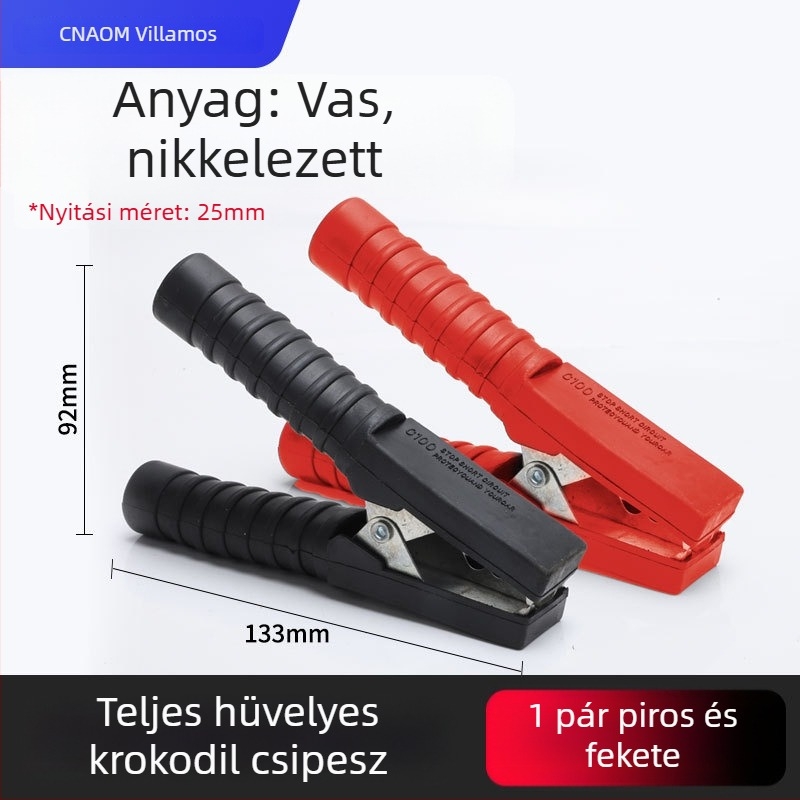 Tiszta rézből készült krokodilklipsz burkolattal az elektromos vezetékekhez és az autóakkumulátor teszteléséhez
