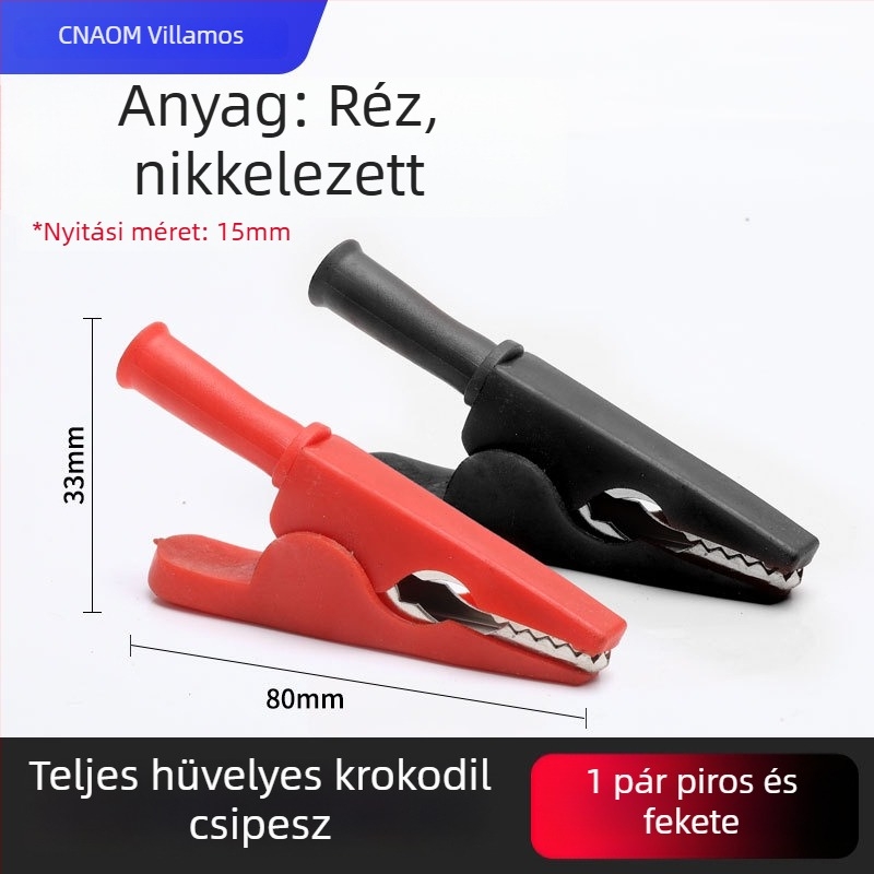 Tiszta rézből készült krokodilklipsz burkolattal az elektromos vezetékekhez és az autóakkumulátor teszteléséhez