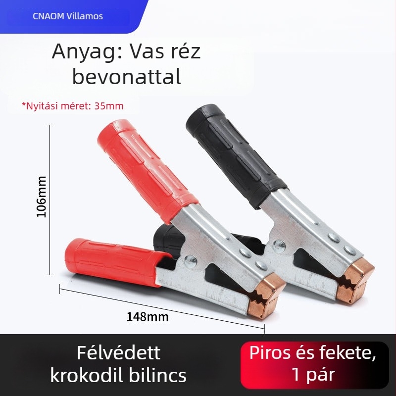 Tiszta rézből készült krokodilklipsz burkolattal az elektromos vezetékekhez és az autóakkumulátor teszteléséhez