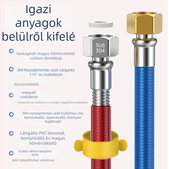 304 rozsdamentes acél gofrált bojler-bemeneti tömlő, csatlakozás menetes, névleges nyomás 1, üzemi hőmérséklet 99°C