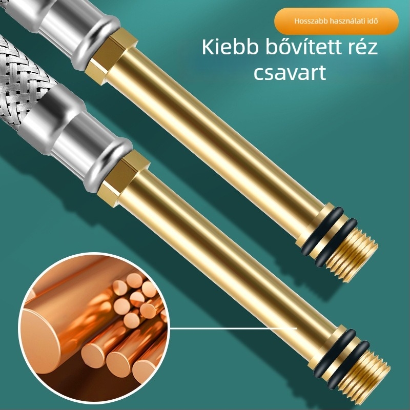 Rozsdamentes acélból font vízcső réz fejjel, forró és hideg víz beömlőhöz, WC-hez és bojlerhez csatlakoztatva, 1/2 hüvelyk