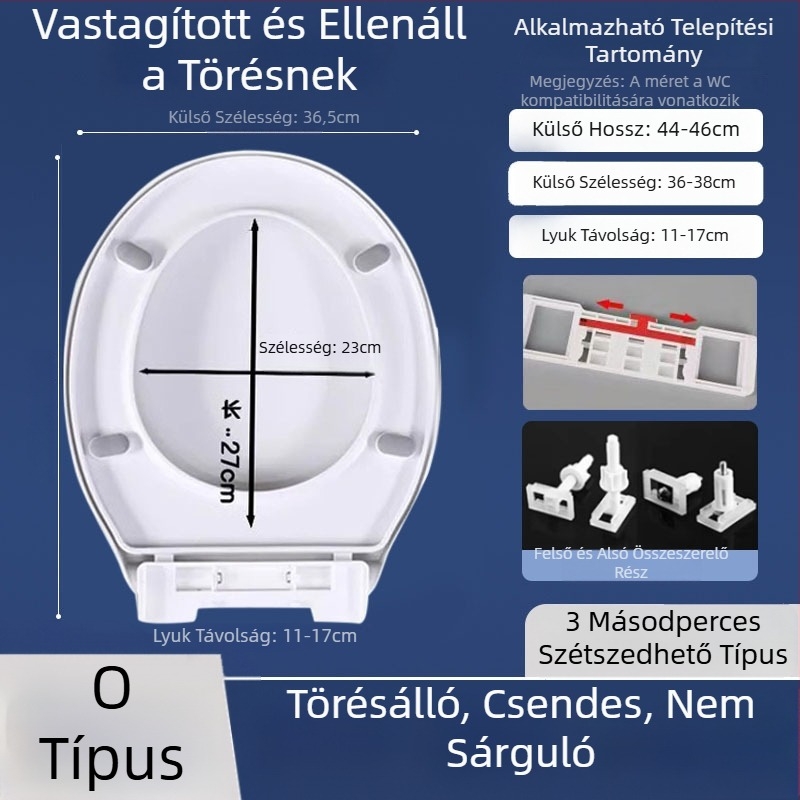 WC-fedél lassú záródással; UOV-típus; vastított kivitel; PP lemez; lyukak közötti távolság 8–25 mm