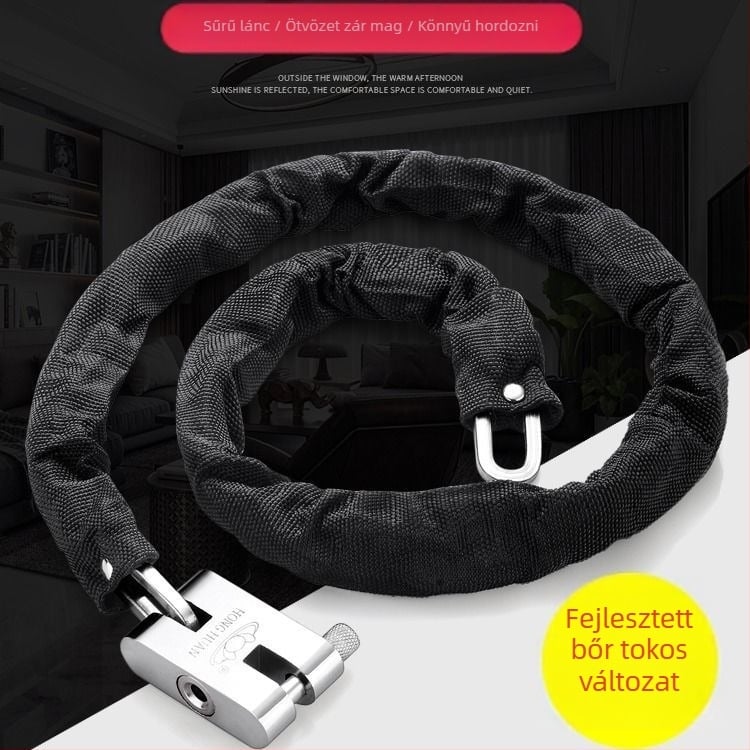 Lánczár lopás elleni és vágás elleni védelemmel, acélból, modell 698573, Guangzhou Jingli, triciklikhez, kerékpárokhoz, motorkerékpárokhoz és elektromos kerékpárokhoz, modern minimalistikus kialakítás.