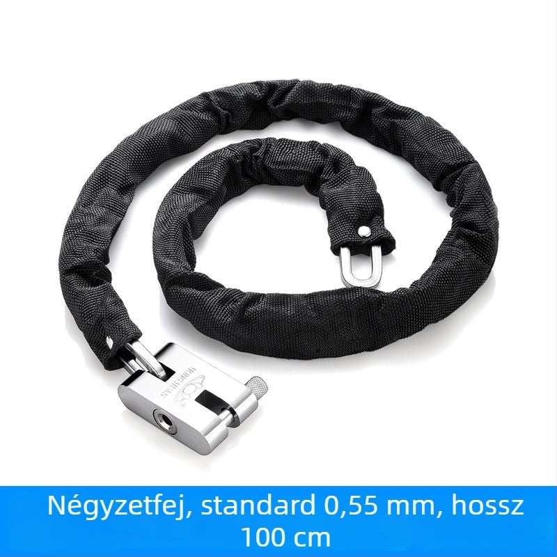 Lánczár lopás elleni és vágás elleni védelemmel, acélból, modell 698573, Guangzhou Jingli, triciklikhez, kerékpárokhoz, motorkerékpárokhoz és elektromos kerékpárokhoz, modern minimalistikus kialakítás.