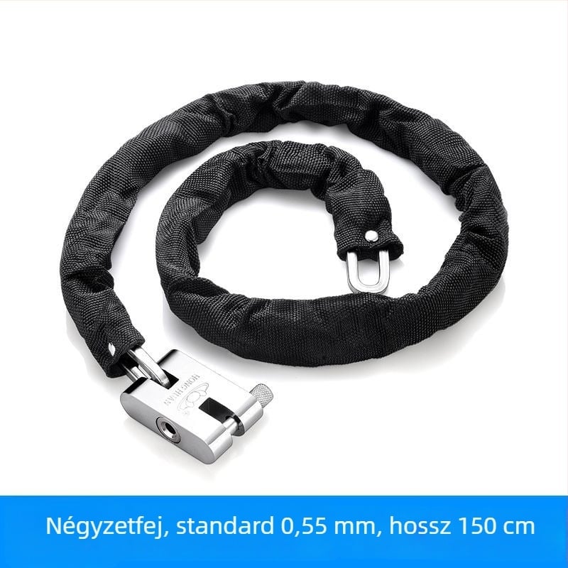 Lánczár lopás elleni és vágás elleni védelemmel, acélból, modell 698573, Guangzhou Jingli, triciklikhez, kerékpárokhoz, motorkerékpárokhoz és elektromos kerékpárokhoz, modern minimalistikus kialakítás.