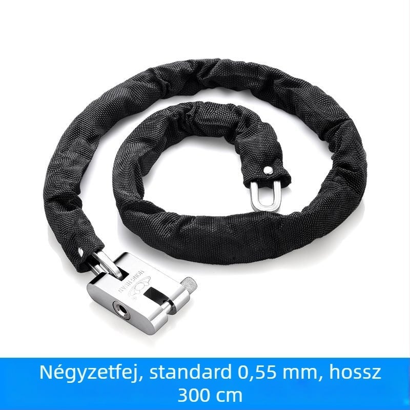 Lánczár lopás elleni és vágás elleni védelemmel, acélból, modell 698573, Guangzhou Jingli, triciklikhez, kerékpárokhoz, motorkerékpárokhoz és elektromos kerékpárokhoz, modern minimalistikus kialakítás.