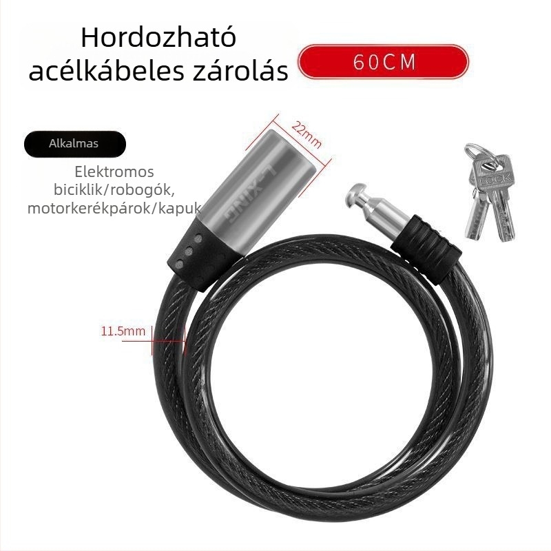Kerékpár zár - hordozható, acélkábel és vastag lánc, lakat, lopás elleni védelem
