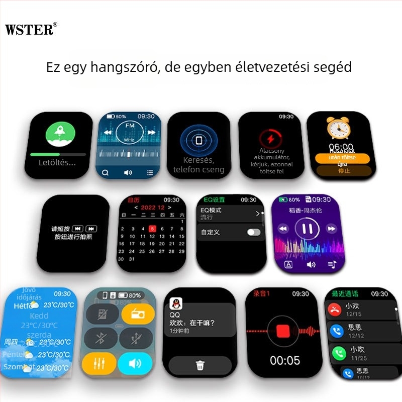 Bluetooth hangszóró ébresztőórával, kijelző dalszövegekre és érintőképernyő – 5W teljesítmény, Bluetooth 5.3, beépített akkumulátor 1000–1200 mAh