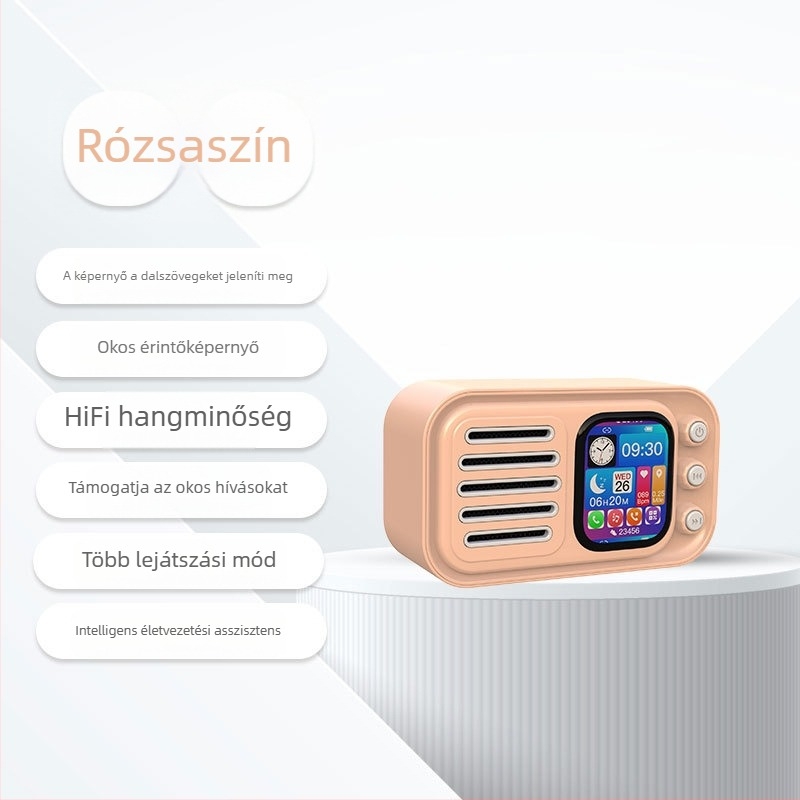 Bluetooth hangszóró ébresztőórával, kijelző dalszövegekre és érintőképernyő – 5W teljesítmény, Bluetooth 5.3, beépített akkumulátor 1000–1200 mAh