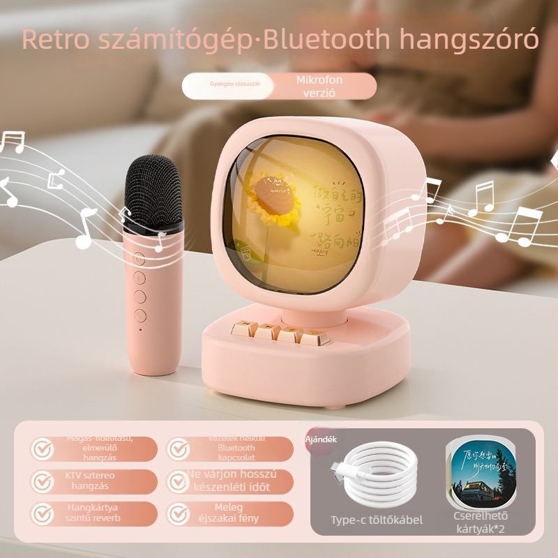 Bluetooth hangsugó vezeték nélküli mikrofonnal karaokehoz – All-in-One hordozható kültéri hangfal; Bluetooth 5.0; Beépített akkumulátor 1000–1200mAh; Teljesítmény 5W; Frekvenciaválasz 20Hz–20kHz; Hatótávolság 10m