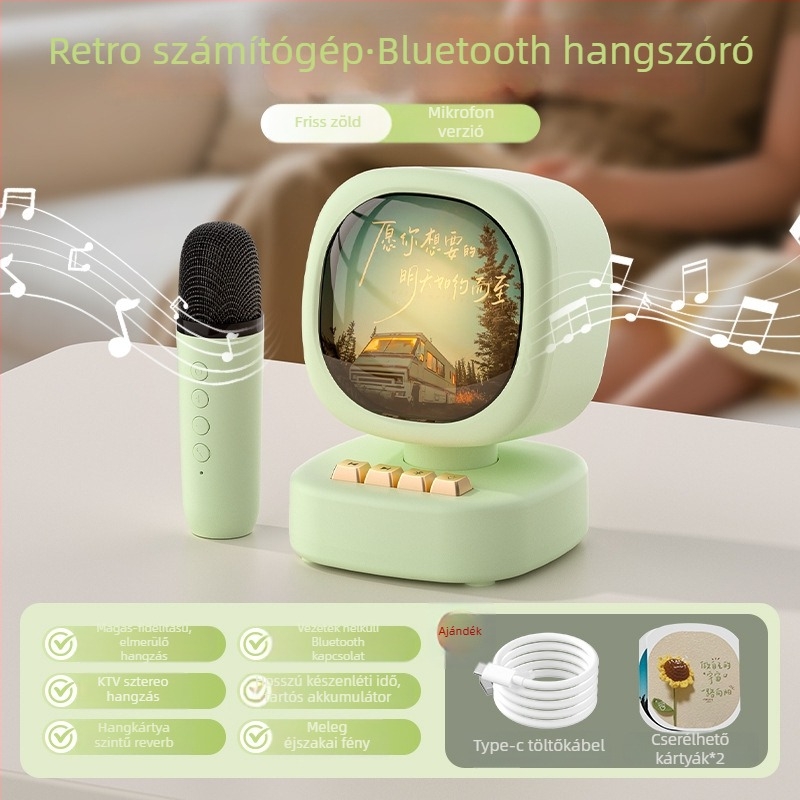 Bluetooth hangsugó vezeték nélküli mikrofonnal karaokehoz – All-in-One hordozható kültéri hangfal; Bluetooth 5.0; Beépített akkumulátor 1000–1200mAh; Teljesítmény 5W; Frekvenciaválasz 20Hz–20kHz; Hatótávolság 10m