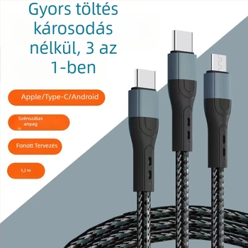 Ai line Rhino 3-in-1 gyors töltésű adatkábel Lightning, Micro USB és Type-C csatlakozókkal, alumíniumötvözet ház, automatikus kikapcsolás, akár 6A maximális kimenet