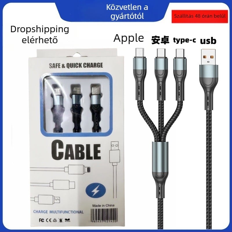Ai line Rhino 3-in-1 gyors töltésű adatkábel Lightning, Micro USB és Type-C csatlakozókkal, alumíniumötvözet ház, automatikus kikapcsolás, akár 6A maximális kimenet