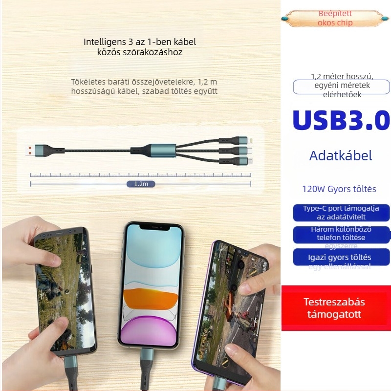 Ai line Rhino 3-in-1 gyors töltésű adatkábel Lightning, Micro USB és Type-C csatlakozókkal, alumíniumötvözet ház, automatikus kikapcsolás, akár 6A maximális kimenet