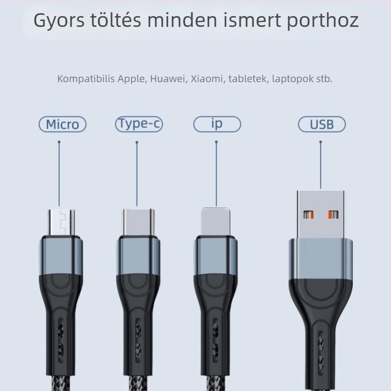 Ai line Rhino 3-in-1 gyors töltésű adatkábel Lightning, Micro USB és Type-C csatlakozókkal, alumíniumötvözet ház, automatikus kikapcsolás, akár 6A maximális kimenet