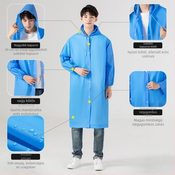Túraeső poncsó EVA anyagból, újrahasználható felnőtt, egy személyre szóló, hosszú és hordozható esővédő (EVA anyag, 0.10 vastagság, PE ragasztó vízálló réteg)