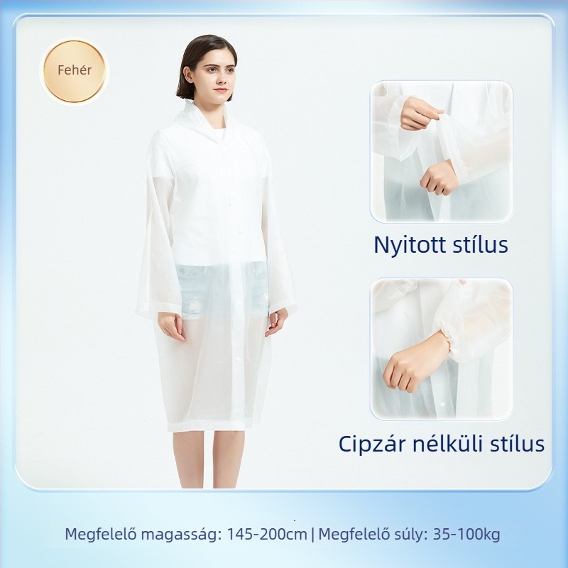 Túraeső poncsó EVA anyagból, újrahasználható felnőtt, egy személyre szóló, hosszú és hordozható esővédő (EVA anyag, 0.10 vastagság, PE ragasztó vízálló réteg)