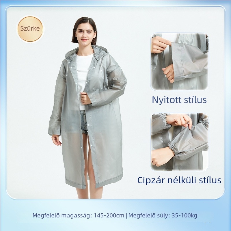 Túraeső poncsó EVA anyagból, újrahasználható felnőtt, egy személyre szóló, hosszú és hordozható esővédő (EVA anyag, 0.10 vastagság, PE ragasztó vízálló réteg)