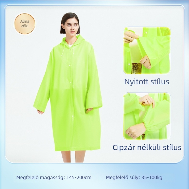 Túraeső poncsó EVA anyagból, újrahasználható felnőtt, egy személyre szóló, hosszú és hordozható esővédő (EVA anyag, 0.10 vastagság, PE ragasztó vízálló réteg)