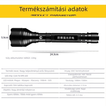 Feltölthető LED elemlámpa alumíniumötvözet testtel, akkumulátor-kapacitás 6800, teljesítmény 10, maximális hatótáv 200–500 m