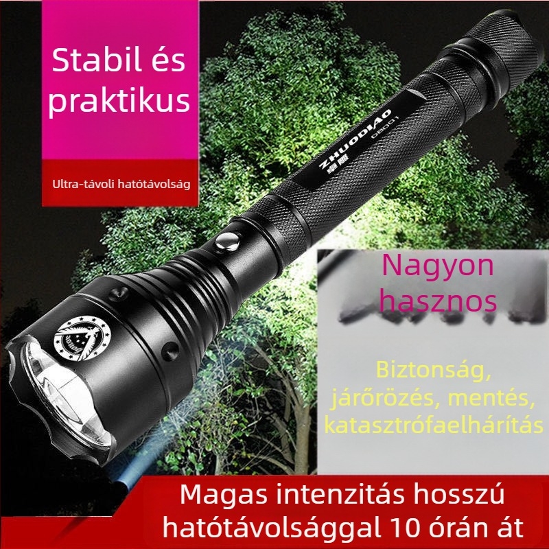 Feltölthető LED elemlámpa alumíniumötvözet testtel, akkumulátor-kapacitás 6800, teljesítmény 10, maximális hatótáv 200–500 m