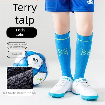 Gyermekek futball zoknijai sportzokni, törlő aljú, csúszásmentes felszín, légáteresztő és izzadságot felszívó, hosszú cső alakú, betűs mintázat