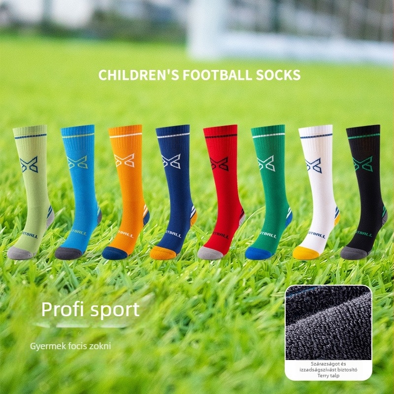 Gyermekek futball zoknijai sportzokni, törlő aljú, csúszásmentes felszín, légáteresztő és izzadságot felszívó, hosszú cső alakú, betűs mintázat