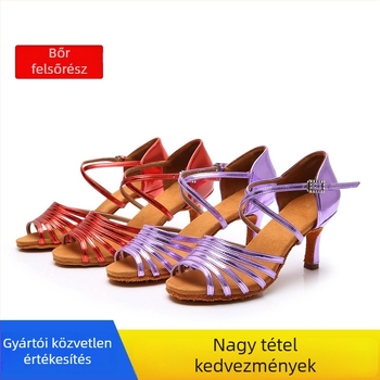 Latin tánc cipő felnőtt nőknek, hat pántos, puha talpú, felsőrész szintetikus bőr, talp marhabőrből