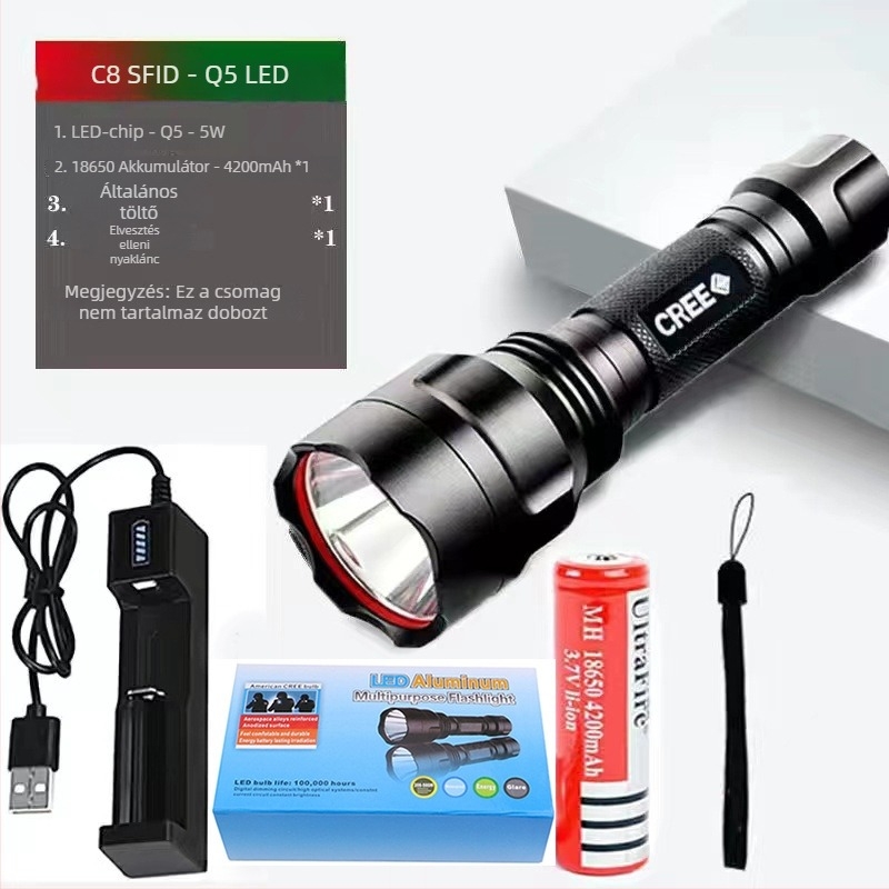 T6 LED zseblámpa, 10W, 4200mAh újratölthető, alumíniumötvözet test, vízálló, 200–500 m hatótáv