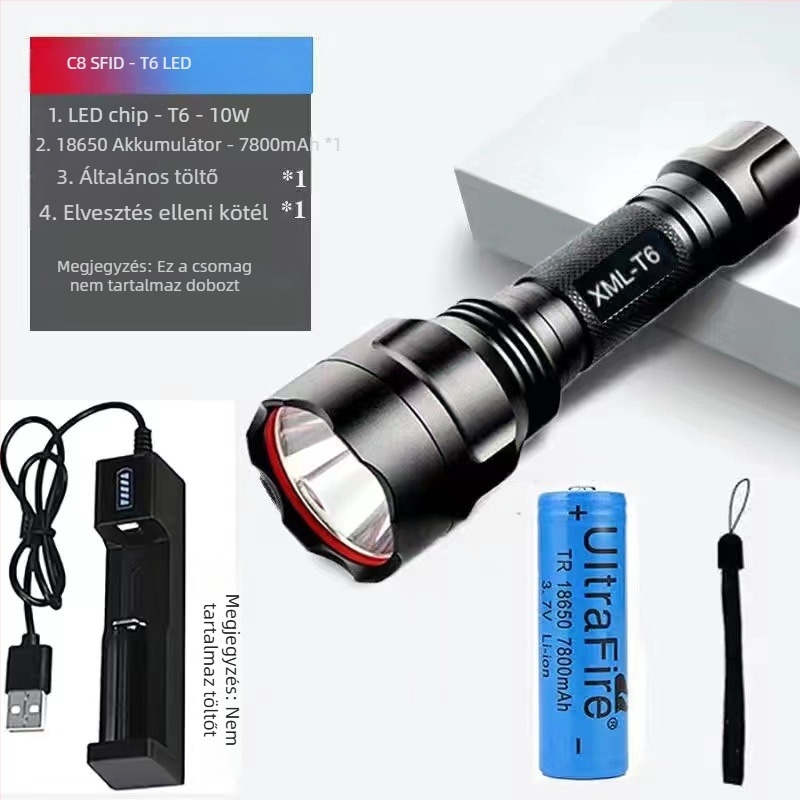T6 LED zseblámpa, 10W, 4200mAh újratölthető, alumíniumötvözet test, vízálló, 200–500 m hatótáv