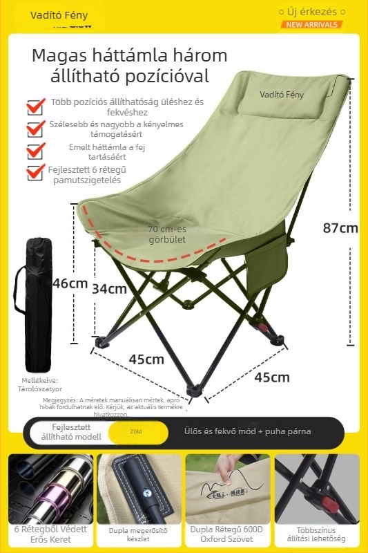 Kültéri összecsukható Moon szék, hordozható, állítható relaxfotel, Oxford anyag