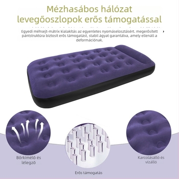 Kempingező felfújható matrac flockos felülettel, kézi felfújás, külső pumpa, max terhelés 200 kg, párna mellékelve