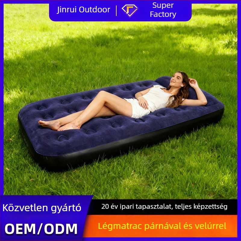 Kempingező felfújható matrac flockos felülettel, kézi felfújás, külső pumpa, max terhelés 200 kg, párna mellékelve