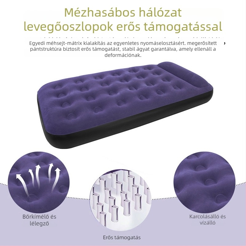 Kempingező felfújható matrac flockos felülettel, kézi felfújás, külső pumpa, max terhelés 200 kg, párna mellékelve