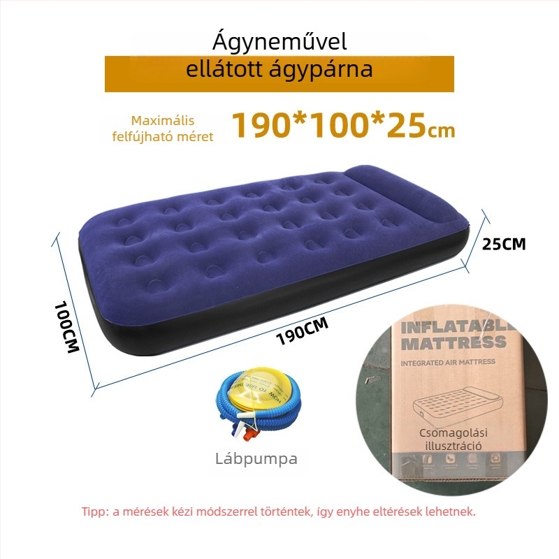 Kempingező felfújható matrac flockos felülettel, kézi felfújás, külső pumpa, max terhelés 200 kg, párna mellékelve