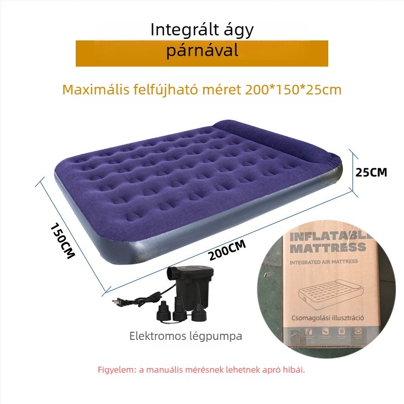 Kempingező felfújható matrac flockos felülettel, kézi felfújás, külső pumpa, max terhelés 200 kg, párna mellékelve