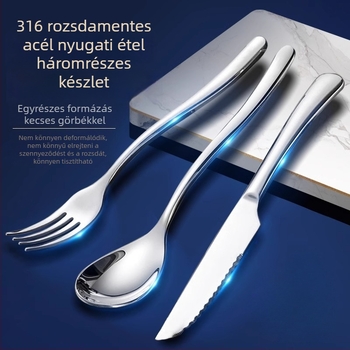 316-os rozsdamentes acélból készült három darabos evőeszköz készlet: kés, villa és kanál, tükörfényes felület, egyszerű stílus