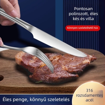 316-os rozsdamentes acélból készült három darabos evőeszköz készlet: kés, villa és kanál, tükörfényes felület, egyszerű stílus