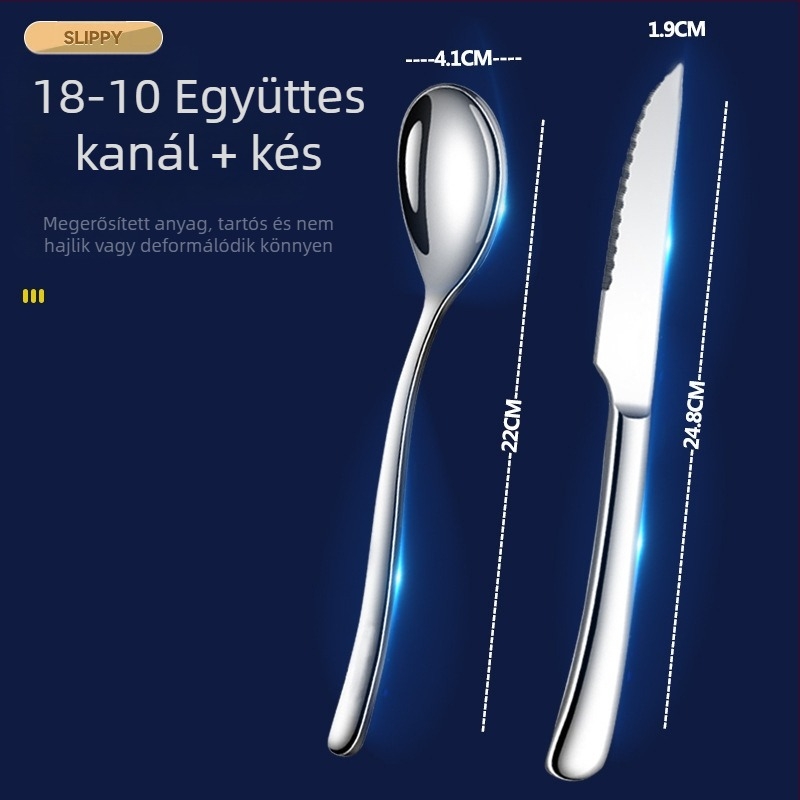 316-os rozsdamentes acélból készült három darabos evőeszköz készlet: kés, villa és kanál, tükörfényes felület, egyszerű stílus