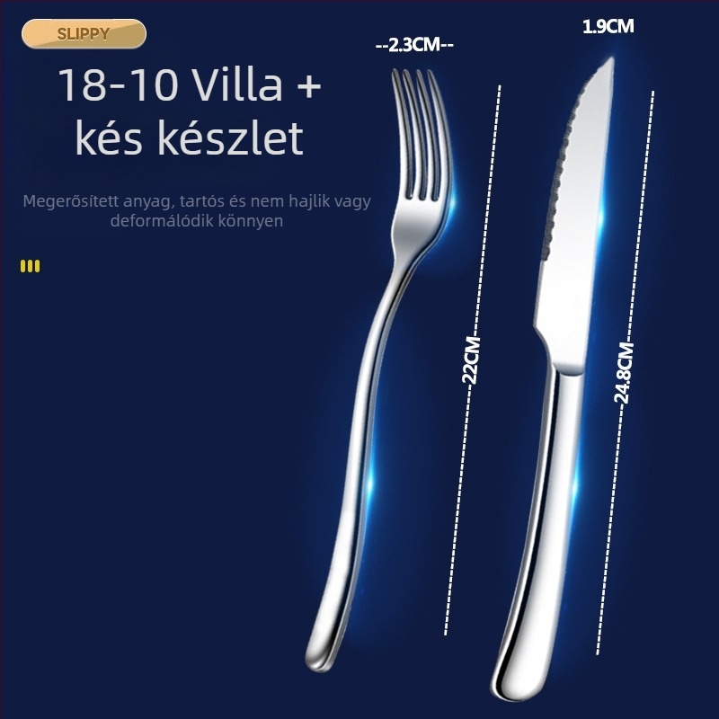316-os rozsdamentes acélból készült három darabos evőeszköz készlet: kés, villa és kanál, tükörfényes felület, egyszerű stílus
