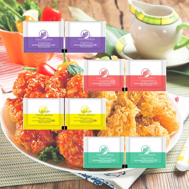 Egyszer használatos kesztyű logónyomással, egyedi csomagolásban, vastagított, cateringhez és homár kiszállításához, műanyag PE, átlátszó, élelmiszer-minőség