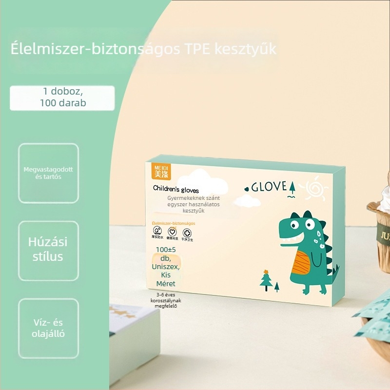Gyermekek számára egyszer használatos kesztyűk, TPE, élelmiszer-minőségű, dobozos, csúszásmentes, 0,05–0,1 mm vastagság