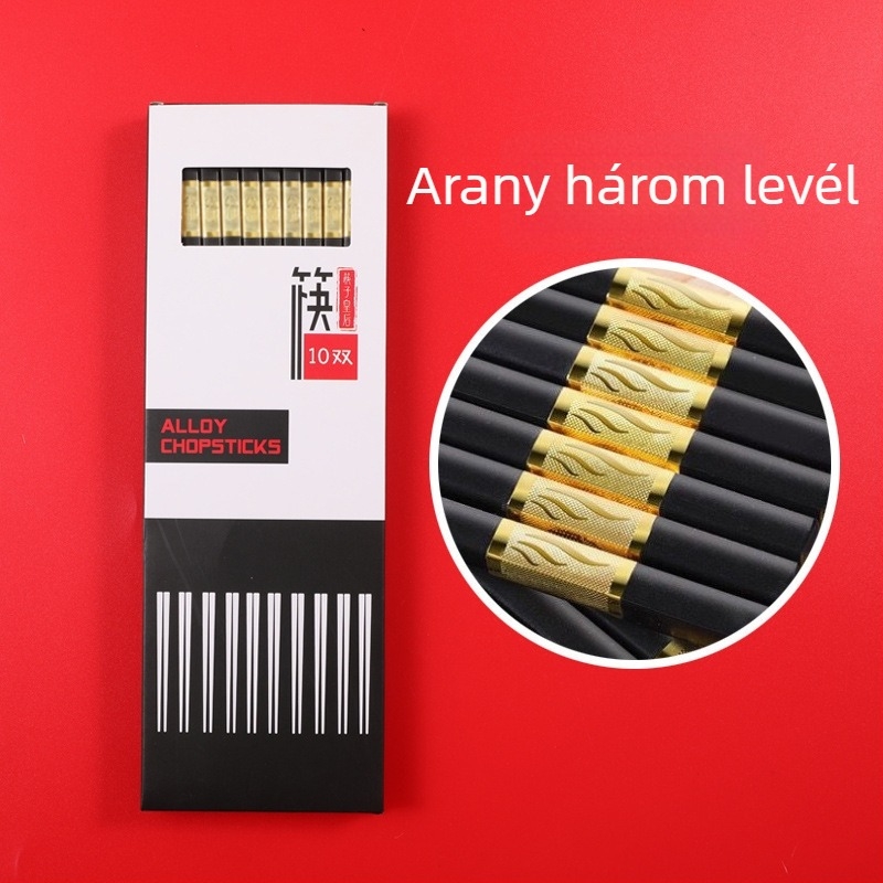 Ötvözetes evőpálcikák készlet, 10 pár, csúszásmentes, sterilizálható, gépi polírozott felület, szállodák és otthoni használatra
