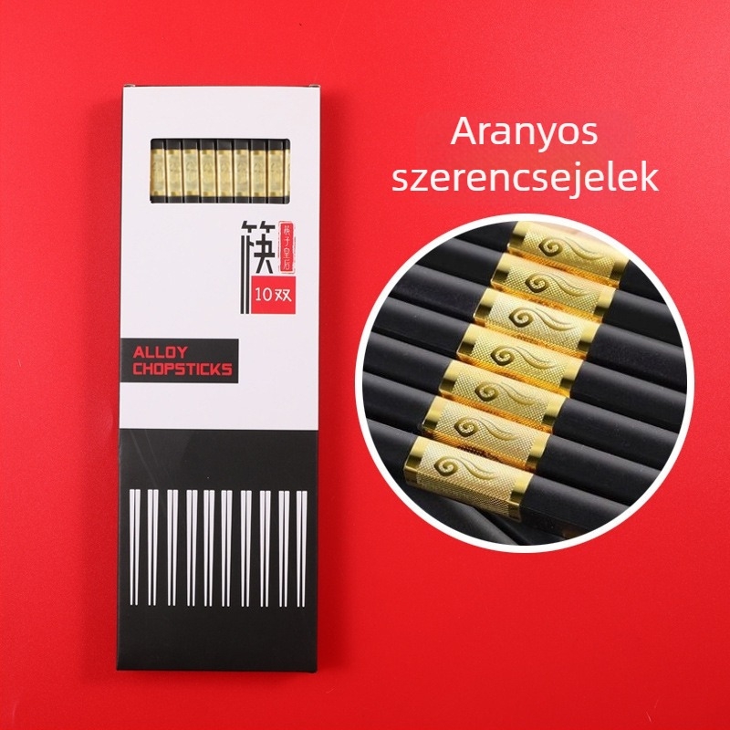 Ötvözetes evőpálcikák készlet, 10 pár, csúszásmentes, sterilizálható, gépi polírozott felület, szállodák és otthoni használatra