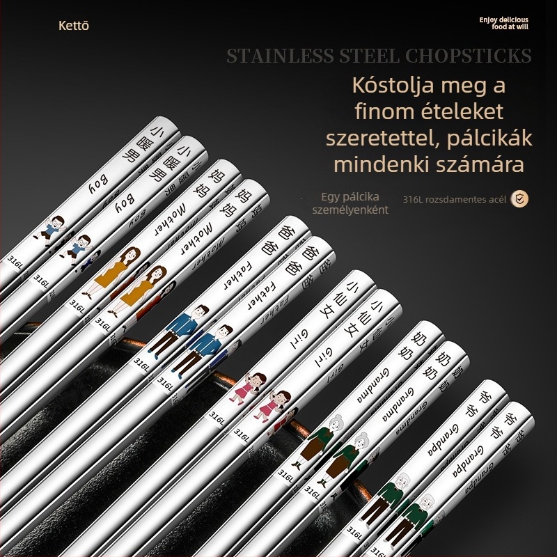 316L rozsdamentes acél evőpálcikák, modern minimalista dizájn, rajzolt minta, 1 pár, tükrös felület