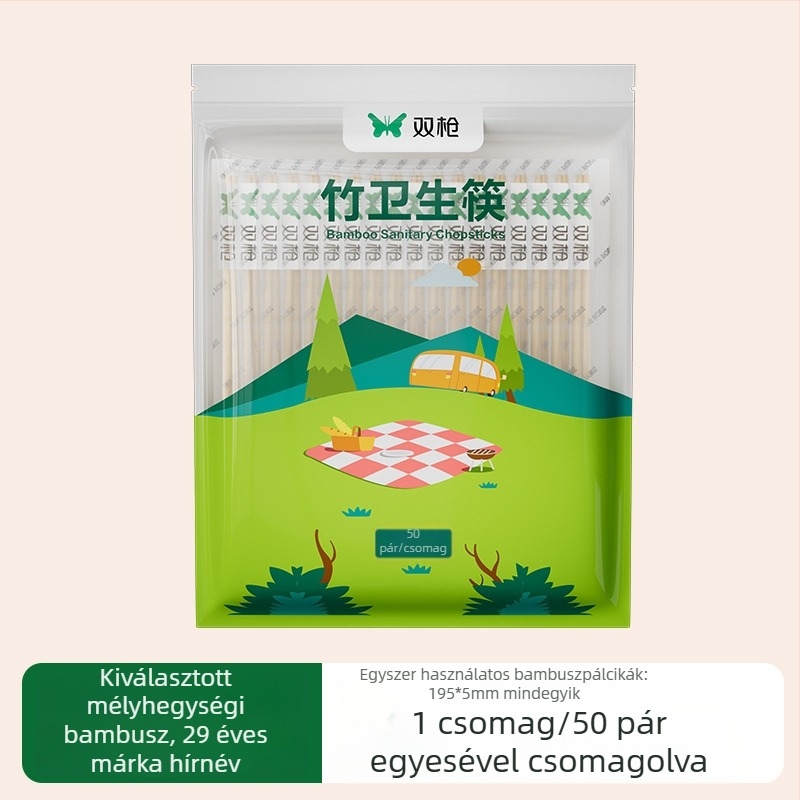 Double Gun egyszer használatos bambusz evőpálcikák, karbonizált, kerek, négy darabos készlet, egyenként csomagolva
