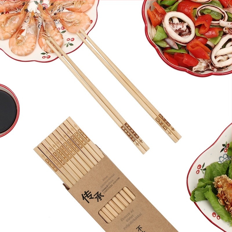 Bambusz evőpálcikák, 10 pár, festék- és viaszmentes, 24 cm hosszú, gravírozott mintával