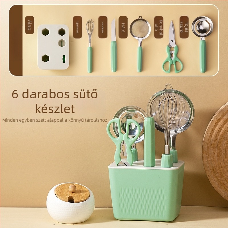 Zhituo rozsdamentes acélból készült 6 részes sütőeszköz-készlet alappal, tojáshabverő, liszt szitáló, tojásszűrő, gyümölcskés és olló